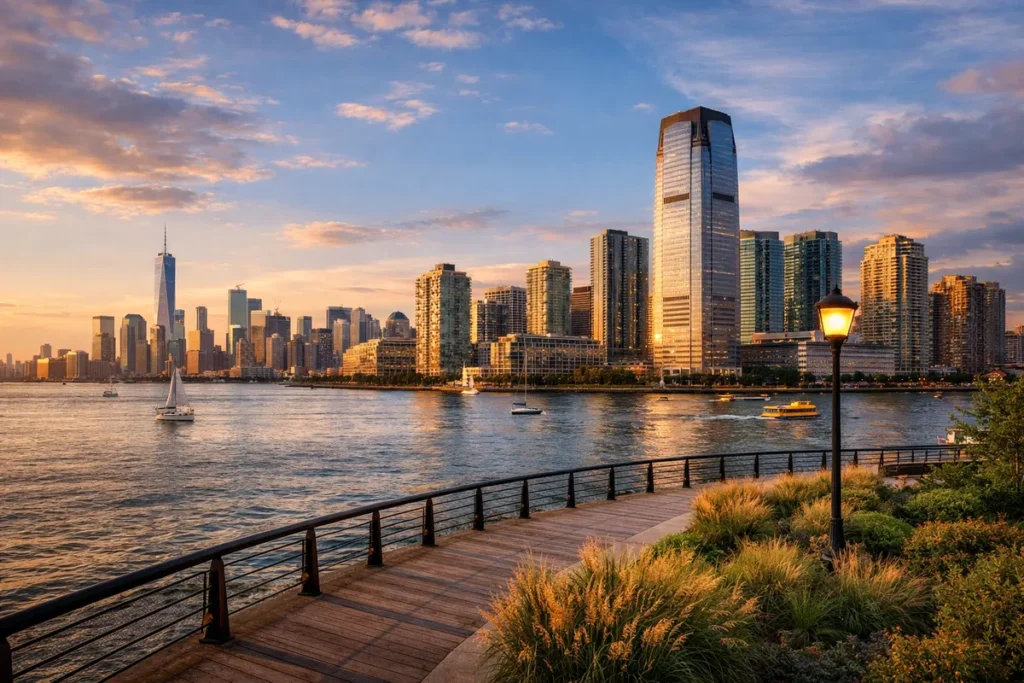 Golden-hour view of the Hudson County waterfront skyline with Jersey City towers, the Hudson River, and Lower Manhattan in the distance